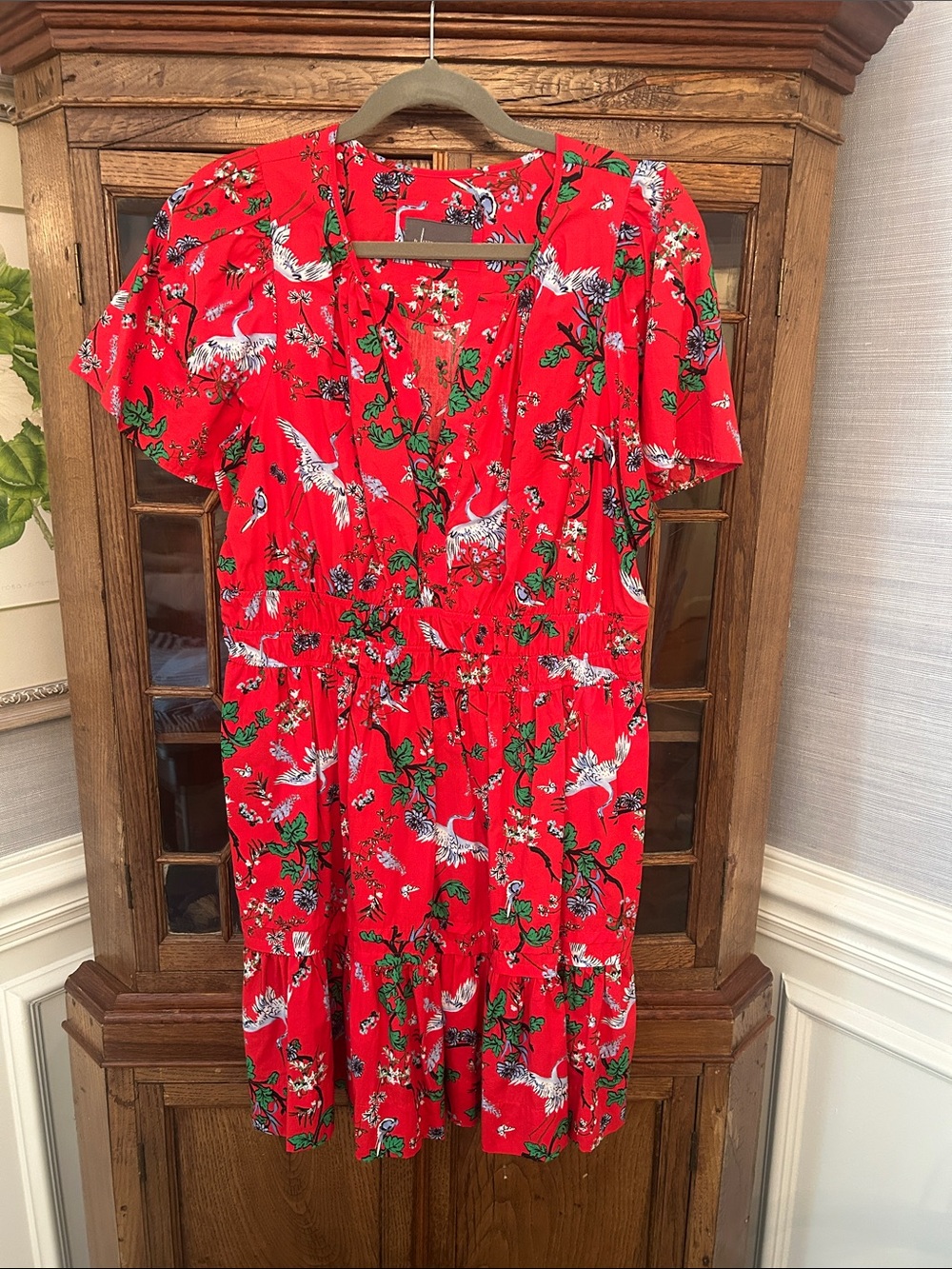 Anthropologie Red Crane & Floral Tiered Mini Dress